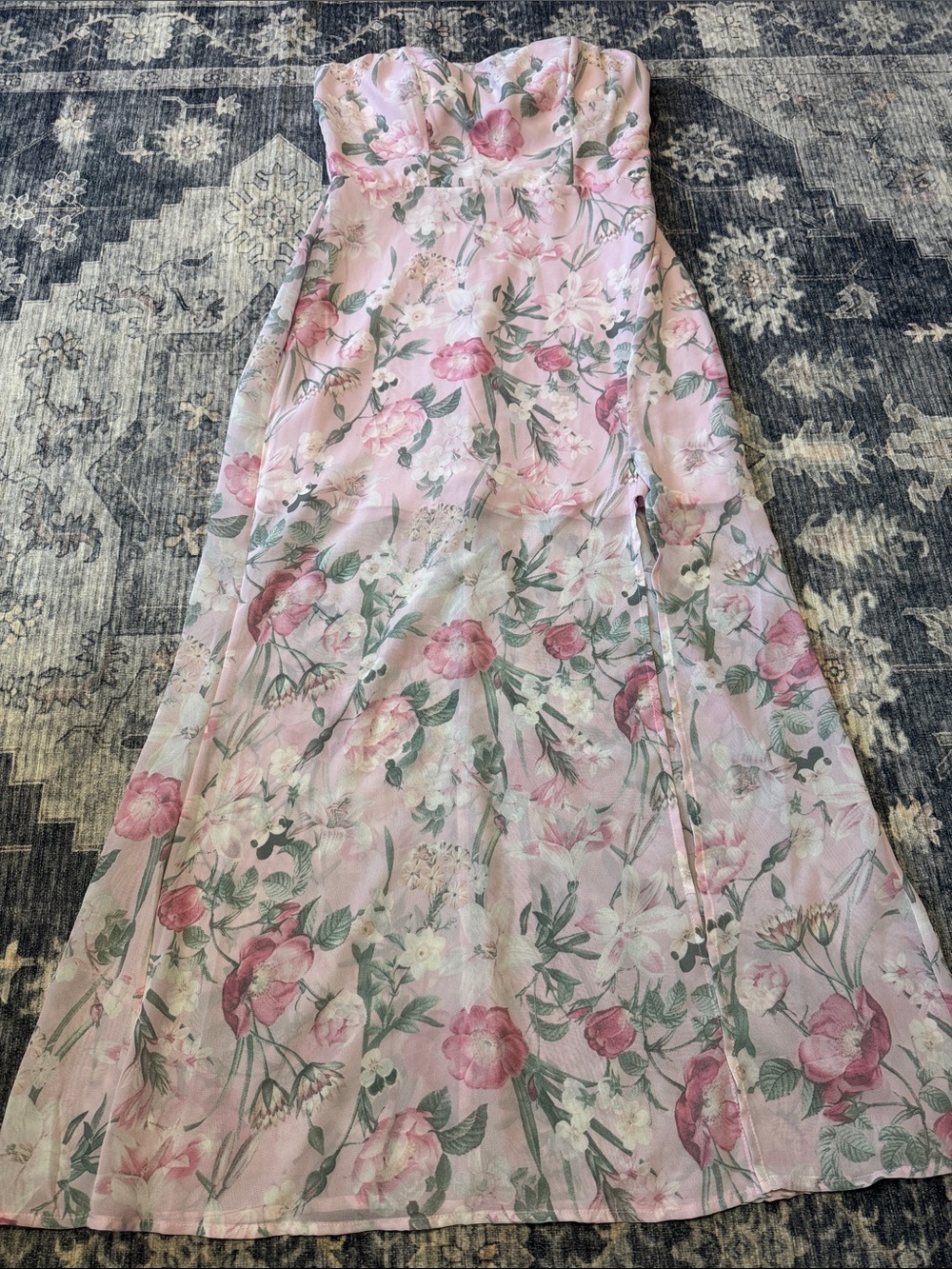 Speechless Strapless Pink Floral Maxi Dress with Green Accents